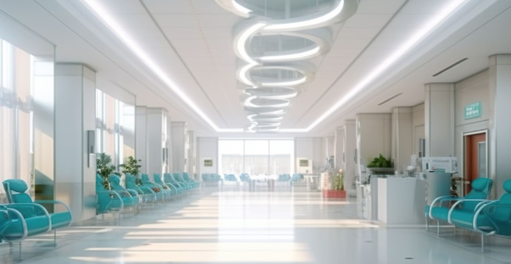 Interior moderno de un hospital con pasillo amplio y luminoso, equipado con sillas turquesas, iluminación contemporánea y plantas decorativas