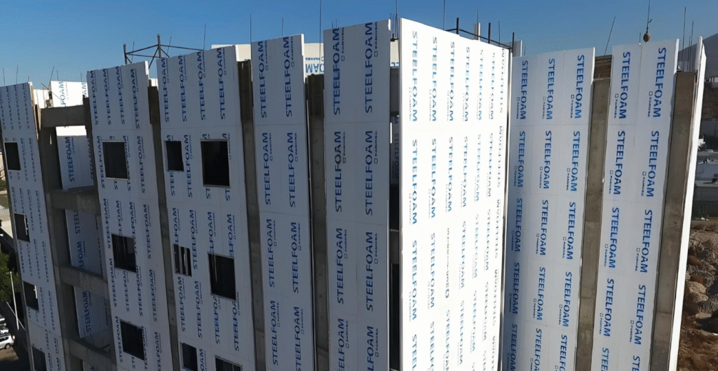 Edificio en construcción en una fase de instalación de fachada, donde se están colocando paneles prefabricados que llevan la etiqueta 'STEELFOAM', posiblemente un material combinado con EPS (Poliestireno Expandido).