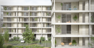Complejo de vivienda colectiva con diseño moderno, amplios balcones y vegetación integrada, promoviendo la eficiencia energética y el bienestar urbano.