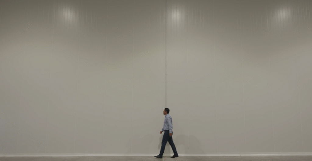 Hombre caminando junto a muro aislado con paneles de EPS en cuarto frío industrial de gran altura.